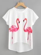 Romwe Flamingo Print Batwing Sleeve Dip Hem Top