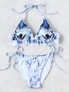 Romwe Wolf Print Ruffle Trim Bikini Set
