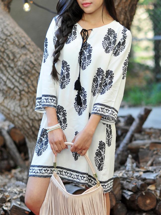 Romwe White Long Sleeve Floral Print Dress