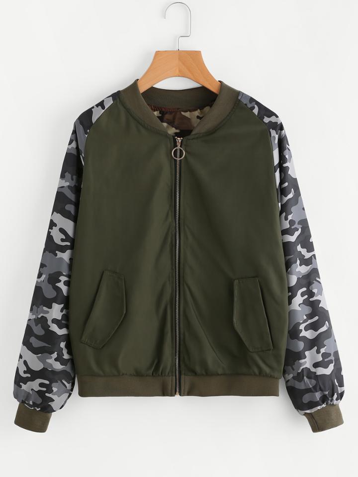 Romwe Contrast Camo Print Sleeve Zip Up Jacket
