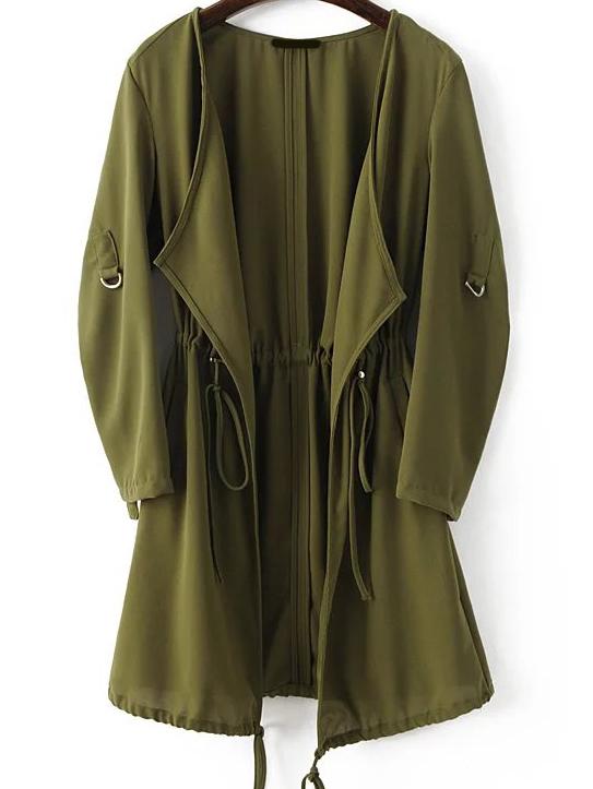 Romwe Army Green Draped Collar Drawstring Chiffon Coat