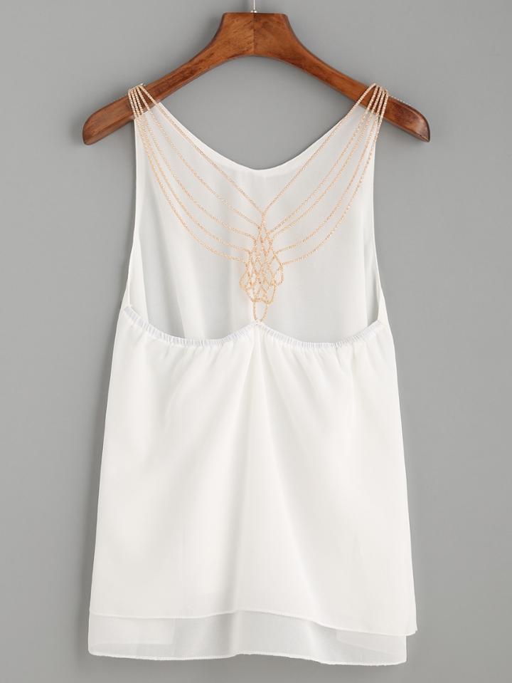 Romwe White Beaded Racerback Chiffon Top