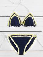 Romwe Contrast Trim Crochet Triangle Bikini Set