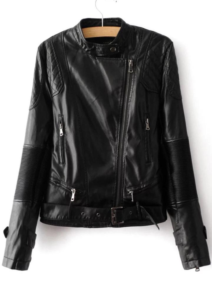 Romwe Black Oblique Zipper Textured Detail Pu Jacket With Belt