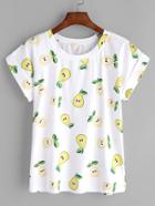 Romwe White Pears Print Cuffed T-shirt