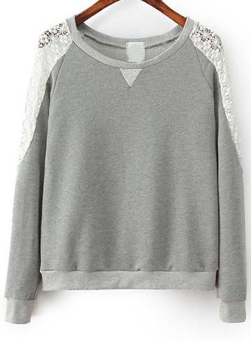 Romwe Grey Lace Shoulder Round Neck Loose Sweatshirt