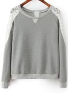 Romwe Grey Lace Shoulder Round Neck Loose Sweatshirt