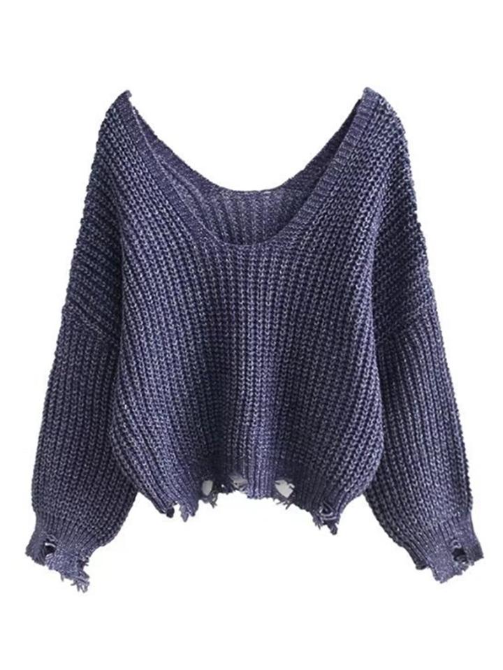 Romwe Double Scoop Neck Ripped Sweater