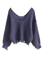 Romwe Double Scoop Neck Ripped Sweater