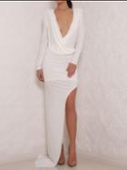 Romwe Deep V Neck Asymmetrical White Dress