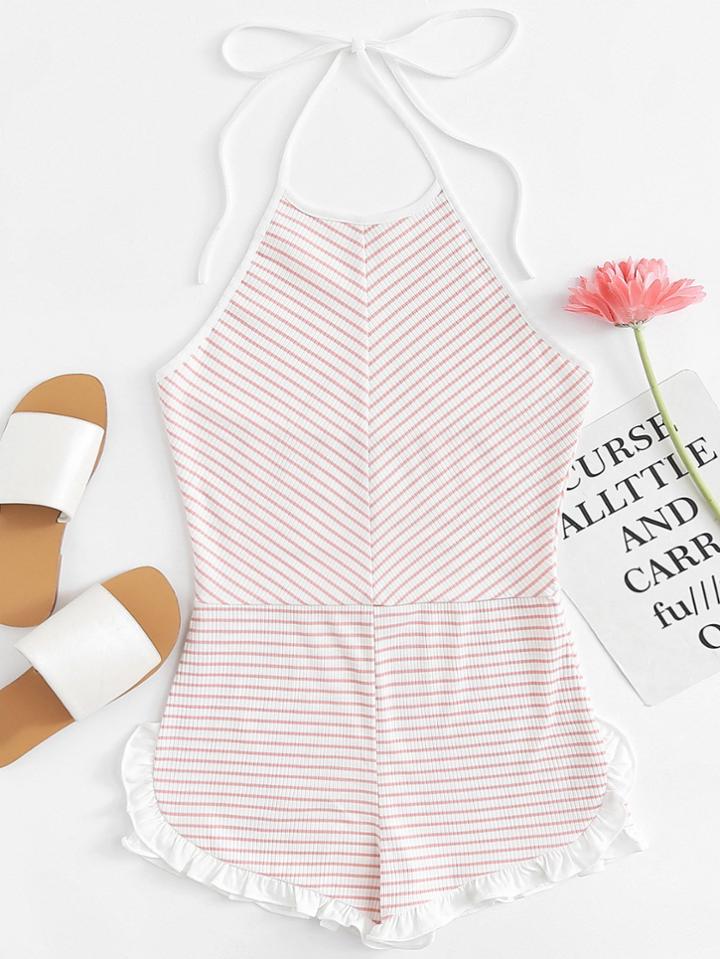 Romwe Frill Hem Striped Halter Top