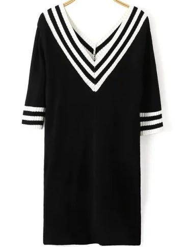 Romwe V Neck Varsity Striped Knit Black Dress