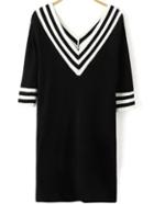 Romwe V Neck Varsity Striped Knit Black Dress
