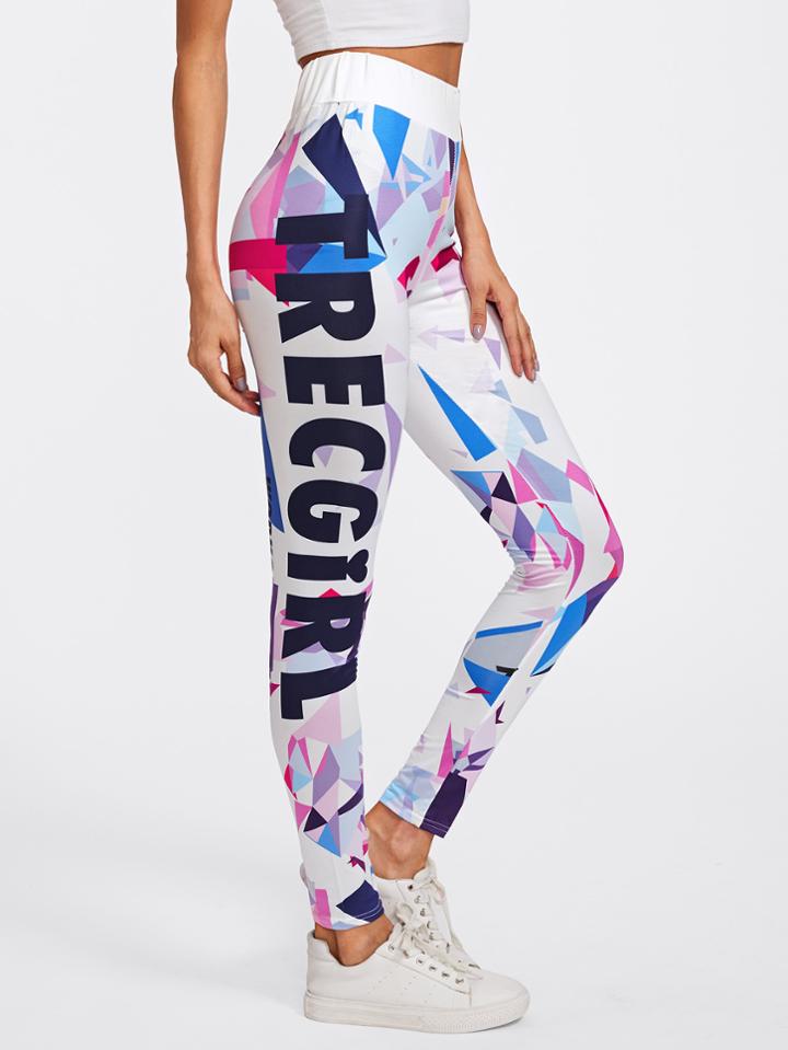 Romwe Geo And Letter Print Skinny Leggings