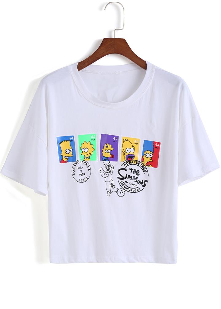 Romwe White Short Sleeve The Simpsons Print T-shirt