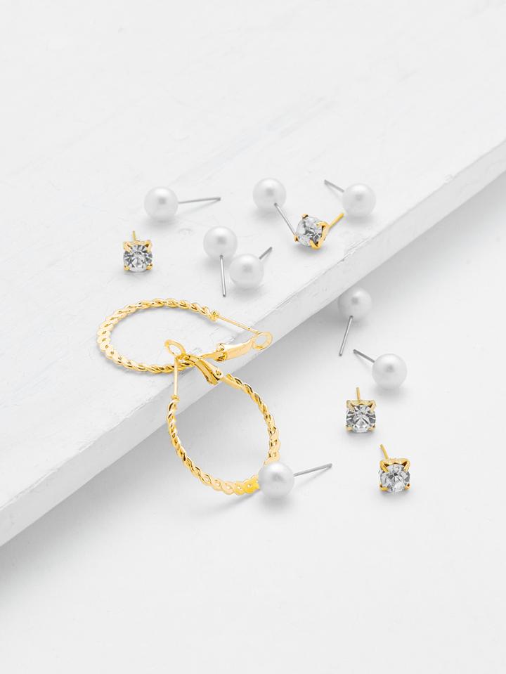 Romwe Screw Hoop & Faux Pearl Design Stud Earring Set