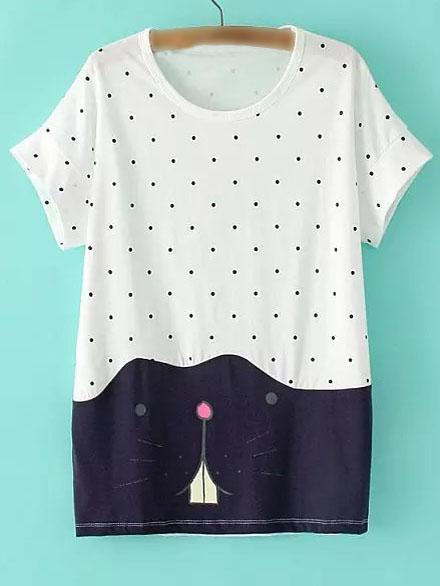 Romwe White Short Sleeve Polka Dots Cat Print T-shirt