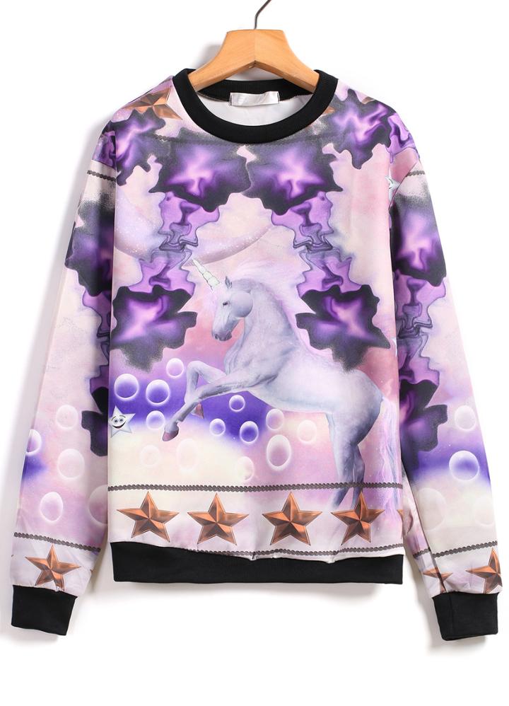 Romwe Unicorn Stars Print Crop Sweatshirt