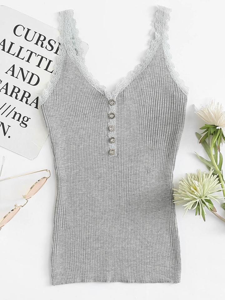 Romwe Lace Trim Single Breasted Ribbed Top