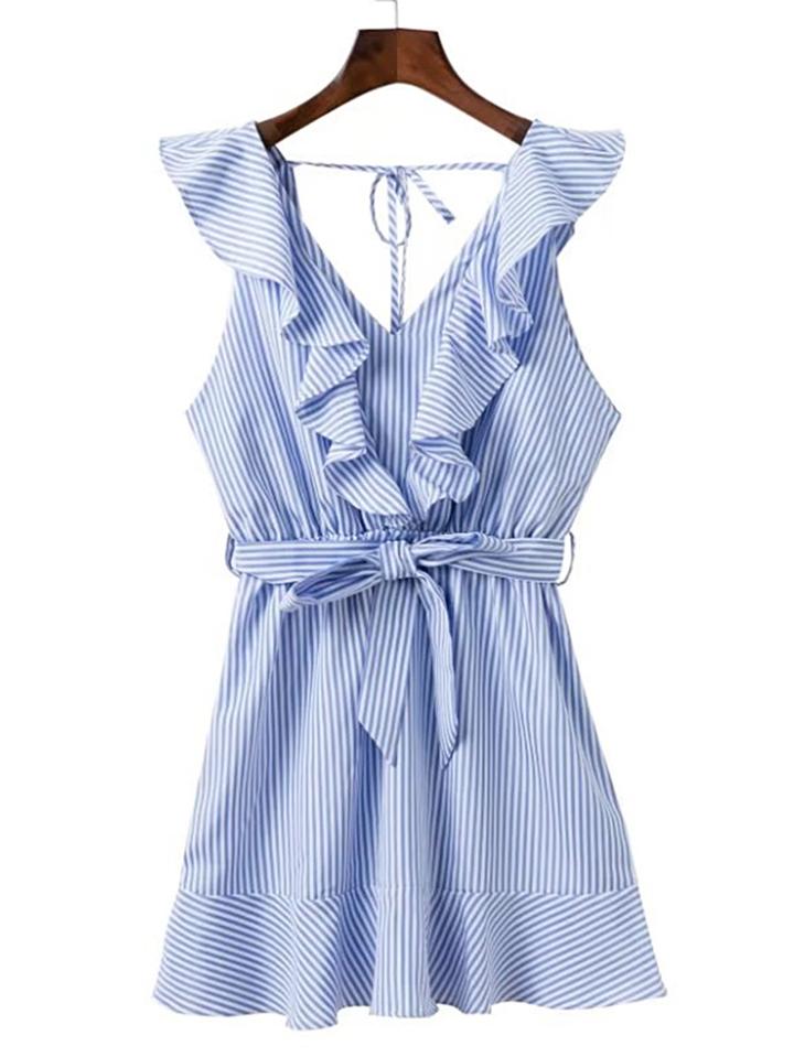 Romwe Ruffle Trim Tie Back Bow Tie Waist Dress