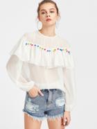 Romwe Pom Pom Embellished Lantern Sleeve Semi Sheer Flounce Top