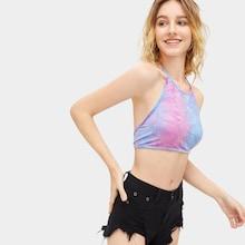 Romwe Tie Dye Halter Knot Back Top