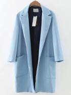 Romwe Blue Lapel Front Pocket Long Coat