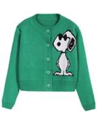 Romwe Snoopy Print Buttons Crop Green Cardigan
