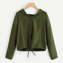 Romwe Single Breasted Drawstring Hem Hooded Jacket