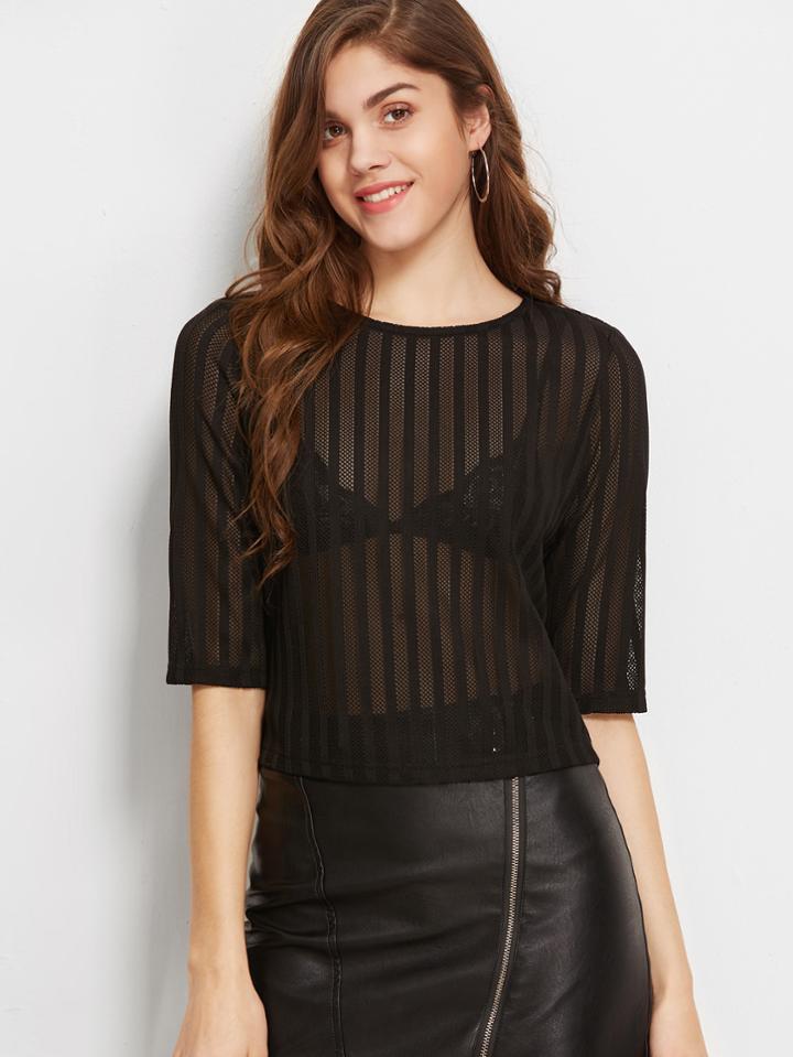 Romwe Half Sleeve Sheer Striped Mesh Top