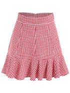 Romwe Peplum Hem Plaid Red Skirt