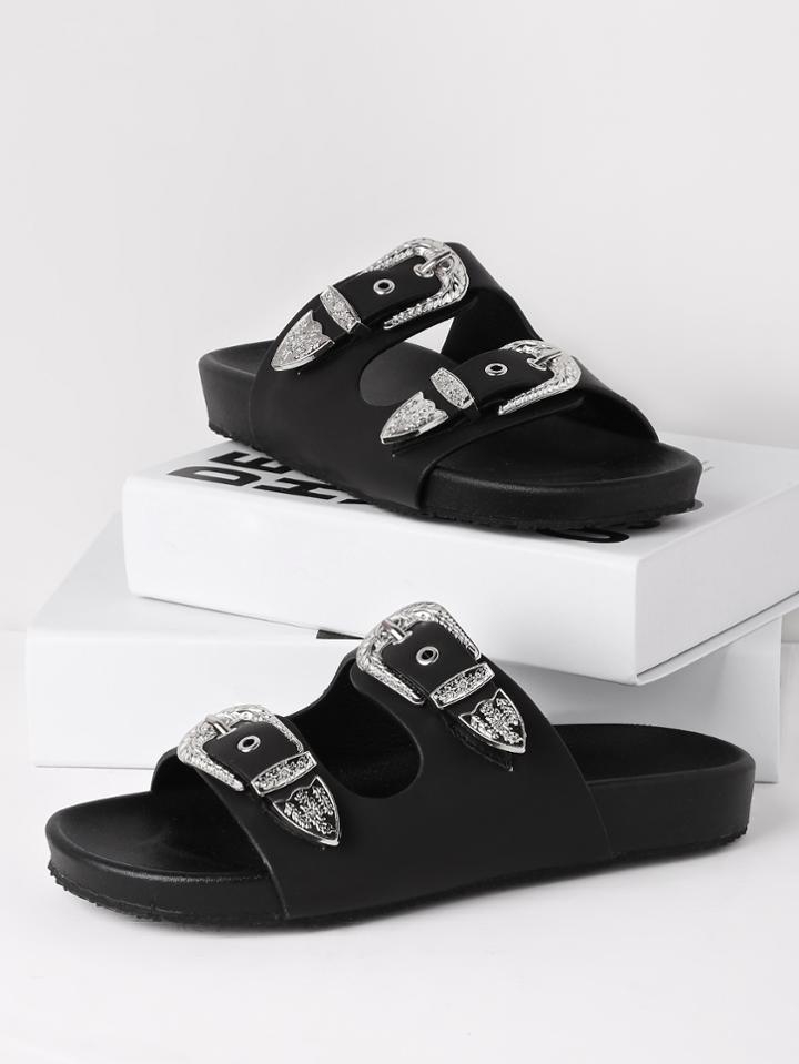 Romwe Double Buckle Design Pu Slides