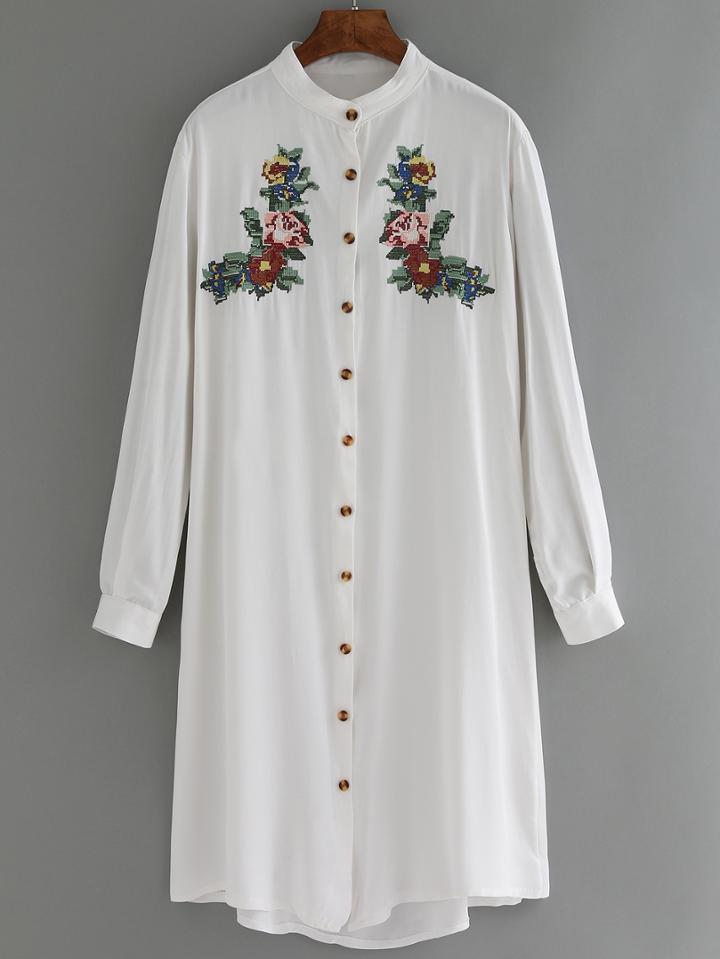 Romwe Flower Embroidered High Low Buttons White Dress