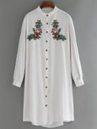 Romwe Flower Embroidered High Low Buttons White Dress