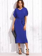 Romwe Blue Self Tie Mesh Insert Flutter Sleeve Dress