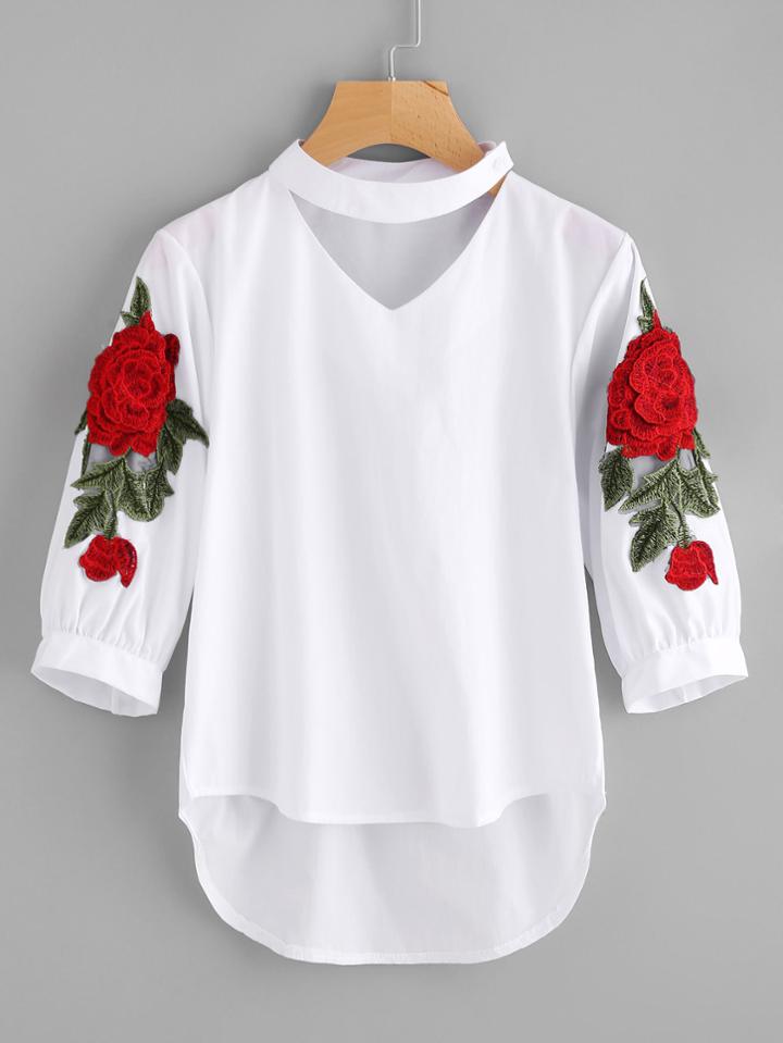 Romwe Embroidered Appliques Choker Neck Dip Hem Blouse