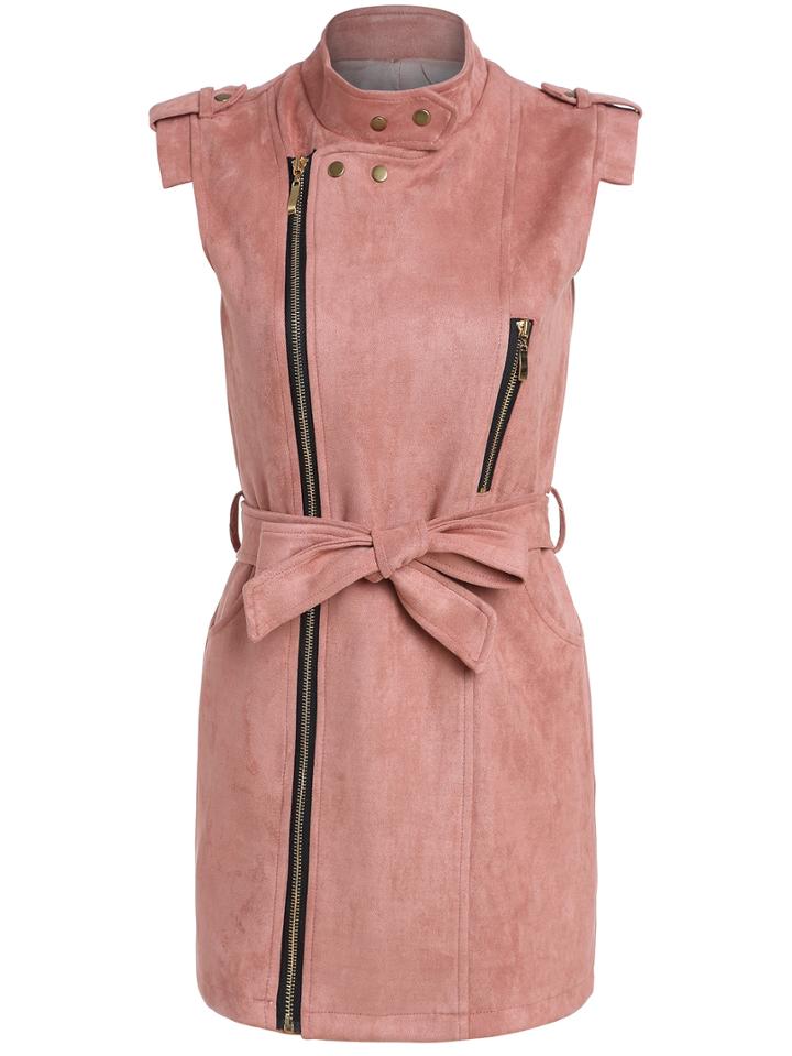 Romwe Stand Collar Zipper Pink Dress With Belt