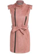 Romwe Stand Collar Zipper Pink Dress With Belt