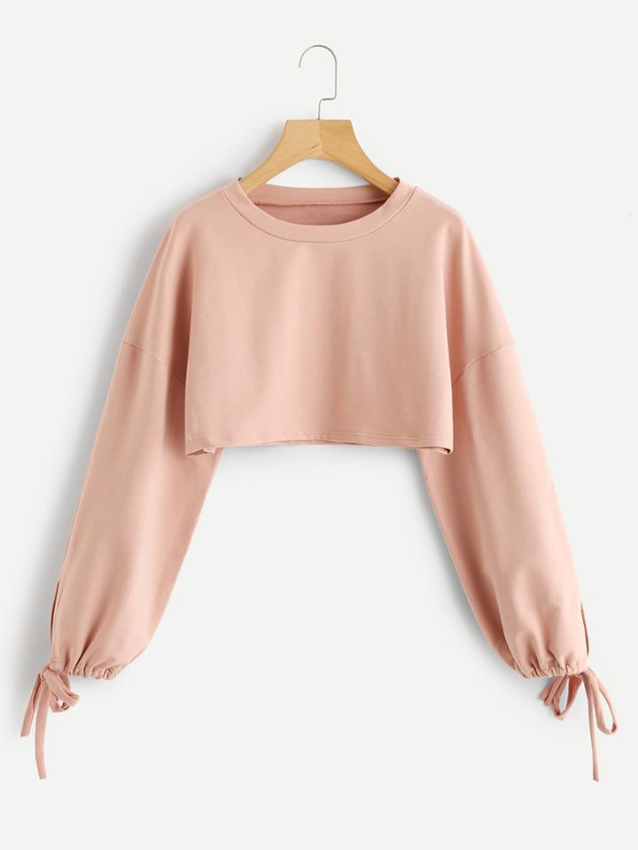 Romwe Drop Shoulder Drawstring Cuff Crop Sweatshirt