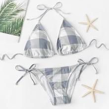 Romwe Self Tie Random Plaid Bikini Set