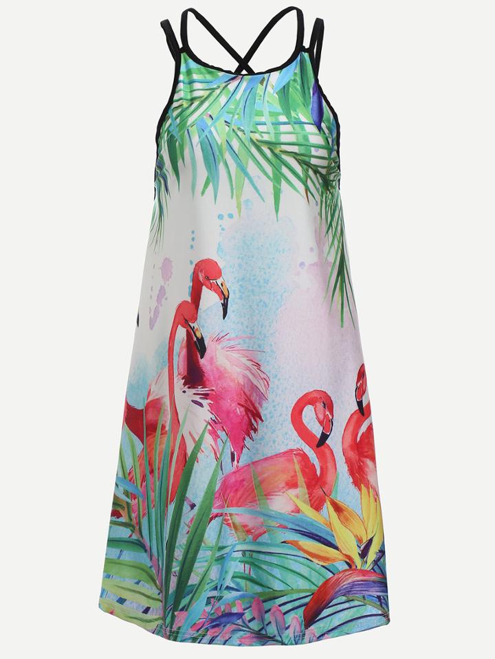 Romwe Spaghetti Strap Bird Print Shift Beach Dress