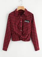 Romwe Embroidery Patched Pocket Twist Hem Gingham Shirt