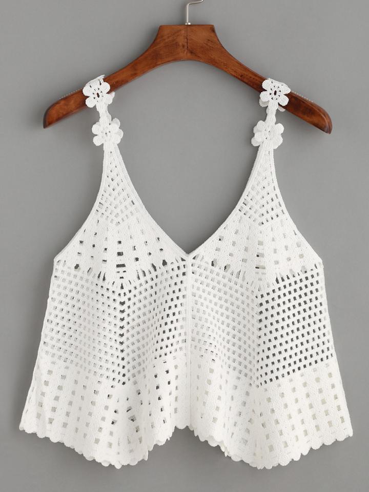 Romwe White Scalloped Hollow Out Crop Cami Top