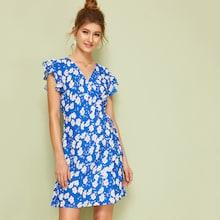 Romwe Ditsy Floral Tie Side Wrap Dress
