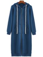 Romwe Blue Drawstring Hooded Pocket Zipper Sweatshirt Dress