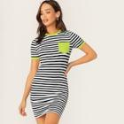 Romwe Neon Lime Pocket Patched Striped Ringer Tee Dress