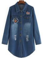 Romwe Lapel Ripped Buttons Pockets Patch Denim Coat