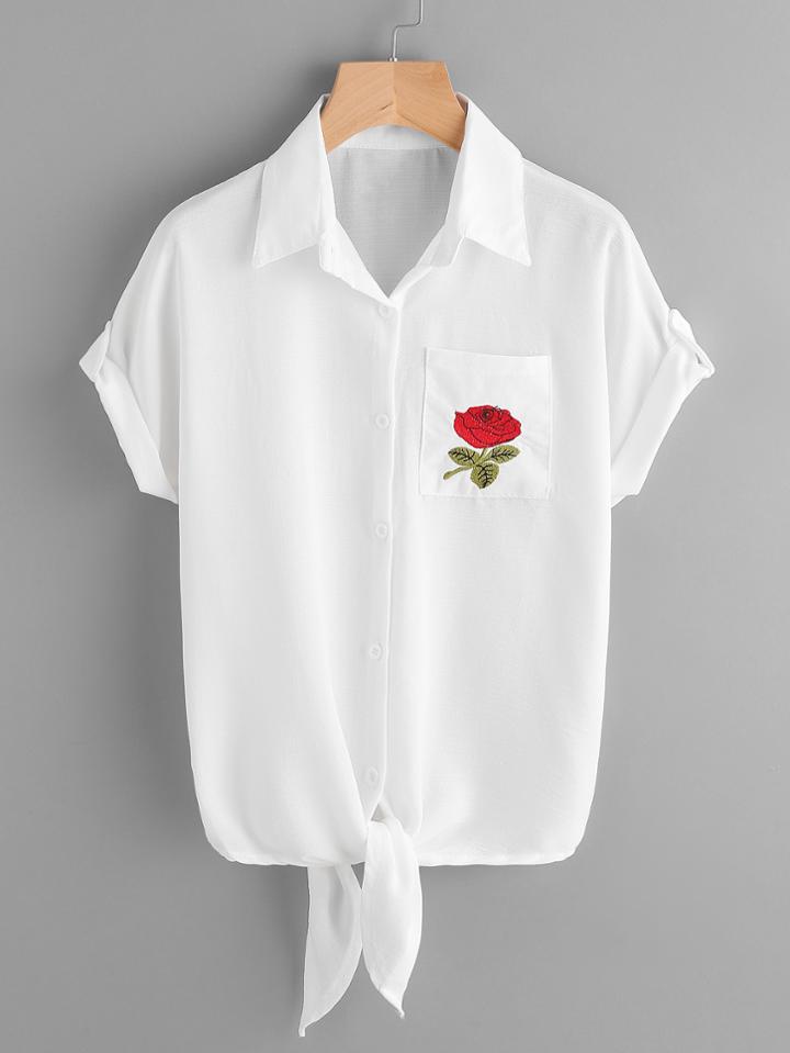 Romwe Rose Embroidered Chest Pocket Knot Front Cuffed Shirt
