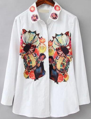 Romwe Lapel With Buttons Beauty Pattern Blouse