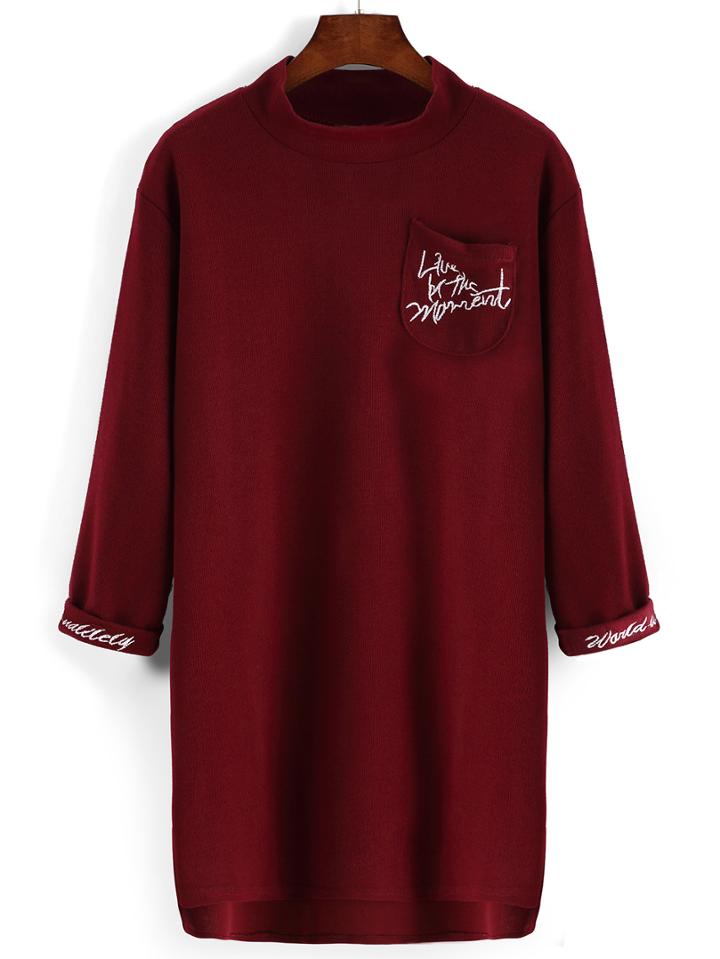 Romwe Letter Embroidered High Low Maroon Sweatshirt